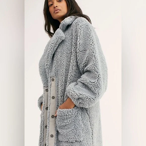 Free People Tessa Cozy Gray Teddy Coat Jacket Dusty Blue L XL - Picture 7 of 16